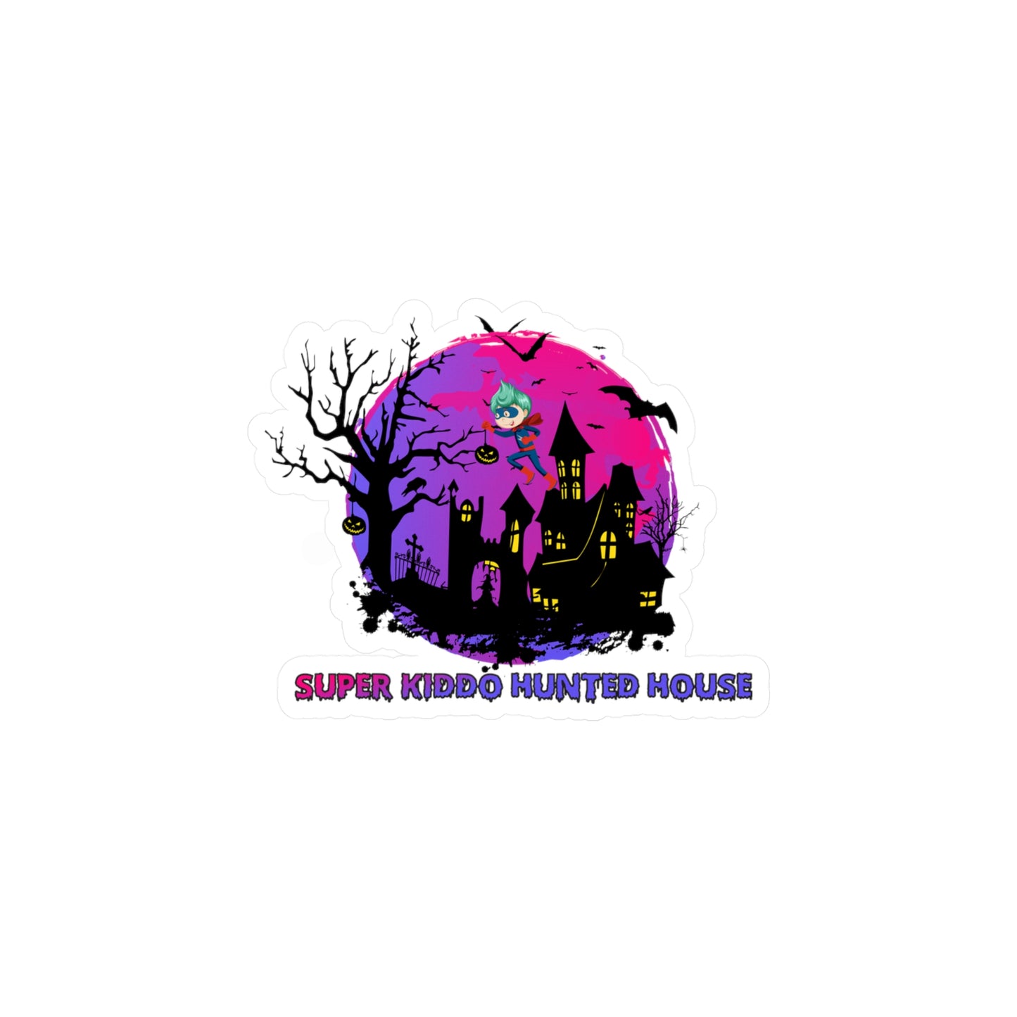 Halloween Kiss-Cut Vinyl Decals – Super kiddo flying on hunted house