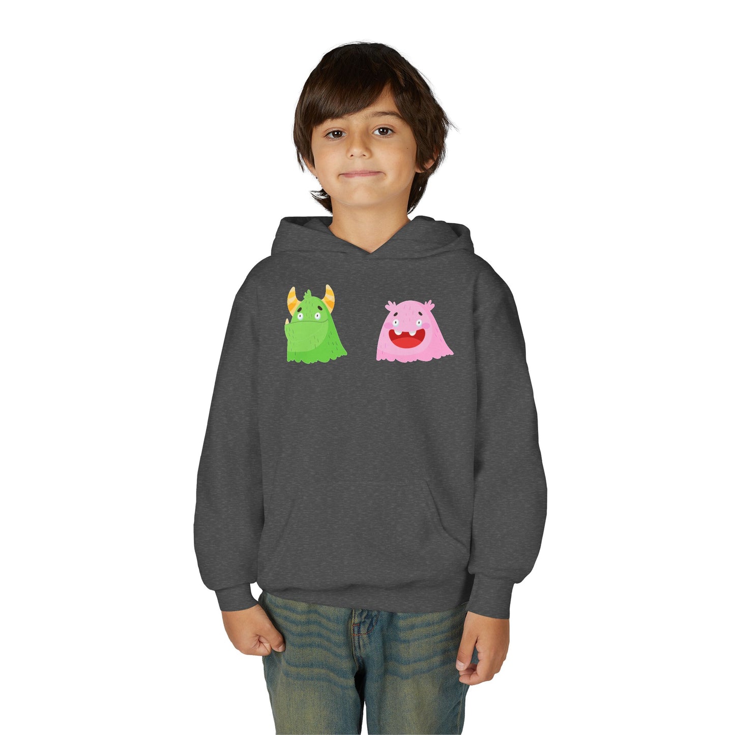 Youth Heavy Blend Hooded Sweatshirt - Green and pink monsters