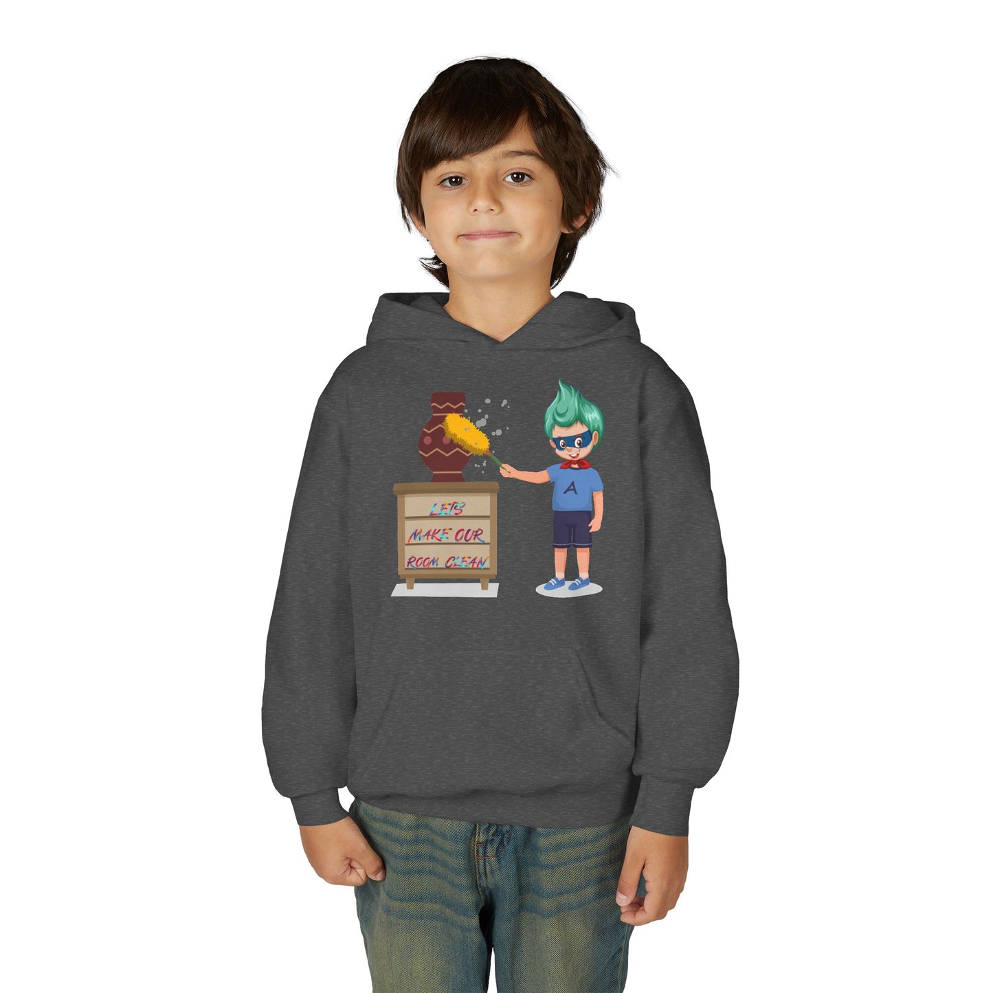 Youth Heavy Blend Hooded Sweatshirt - Super kiddo cleaning a vase