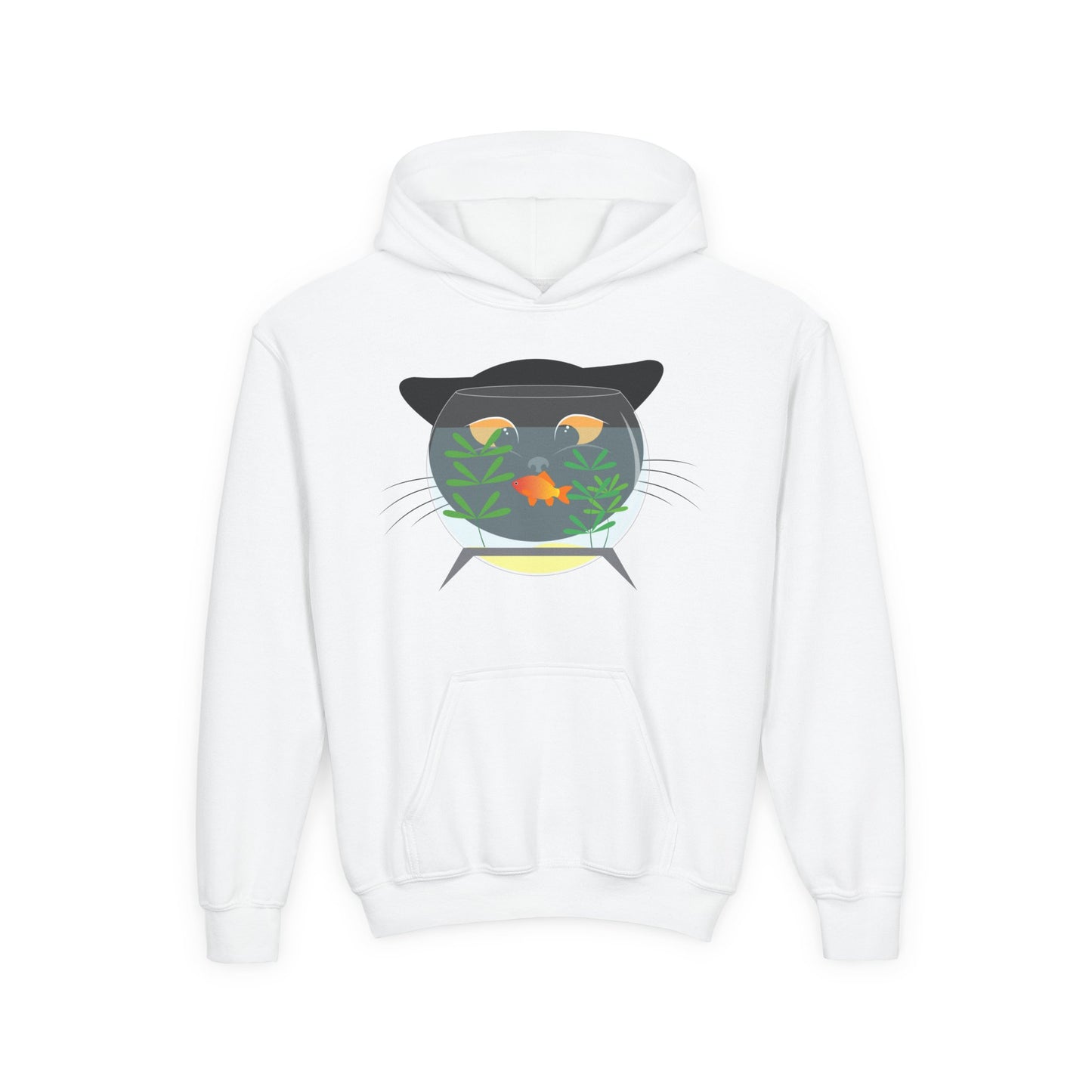 Youth Heavy Blend Hooded Sweatshirt -  Black cat and gold fish