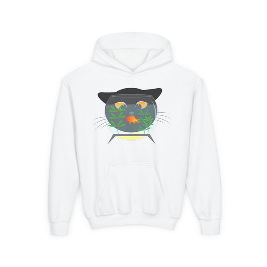 Youth Heavy Blend Hooded Sweatshirt -  Black cat and gold fish
