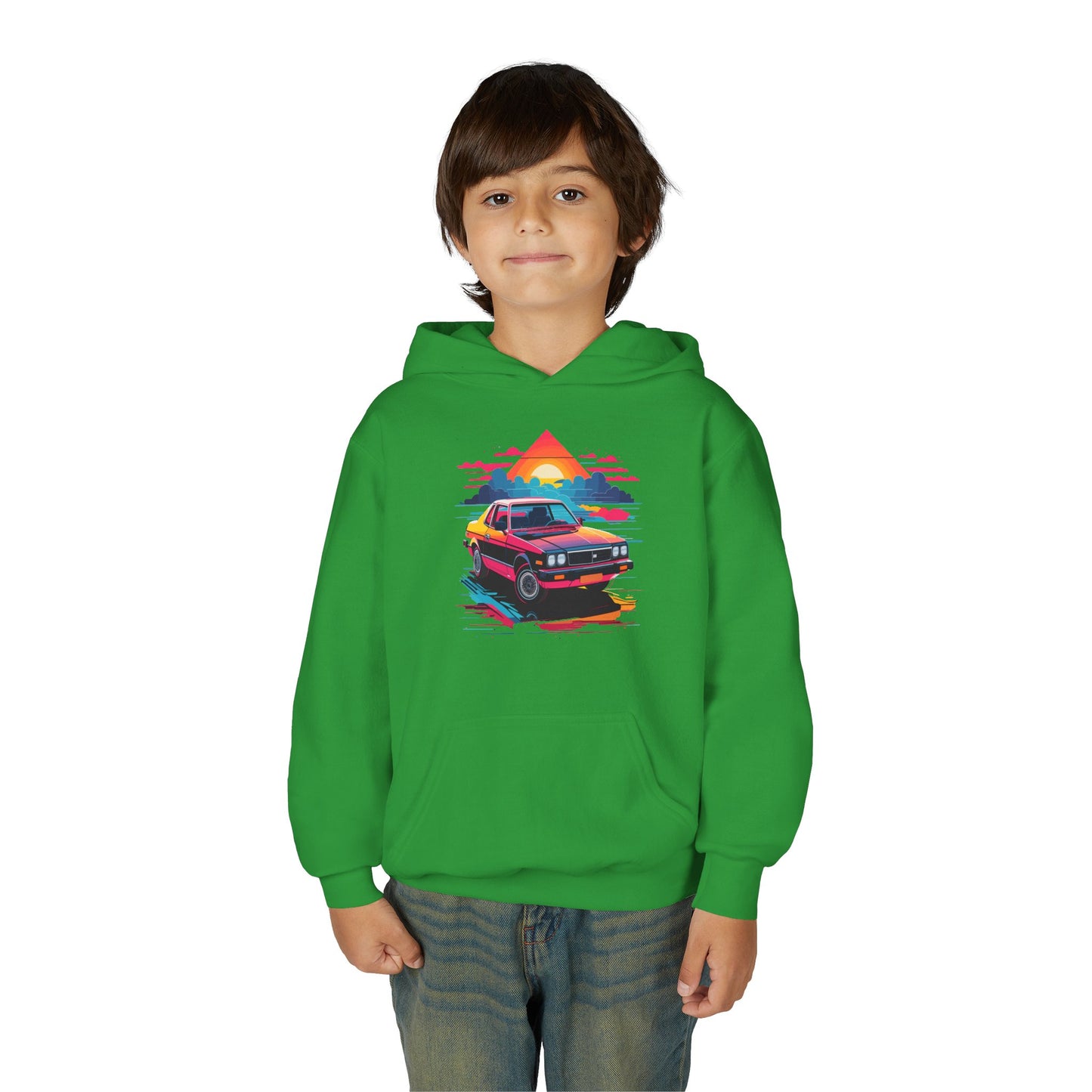 Youth Heavy Blend Hooded Sweatshirt - Retro Car and Sunset