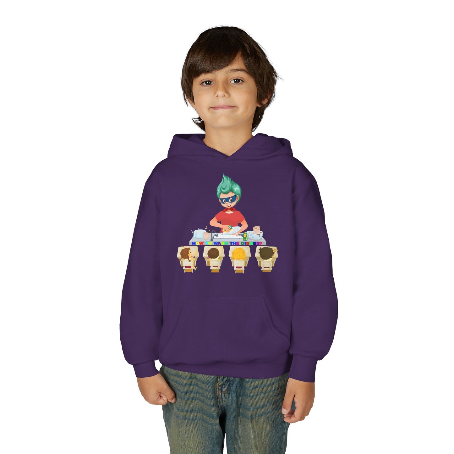 Youth Heavy Blend Hooded Sweatshirt - Little kiddo teaching to wash dishes