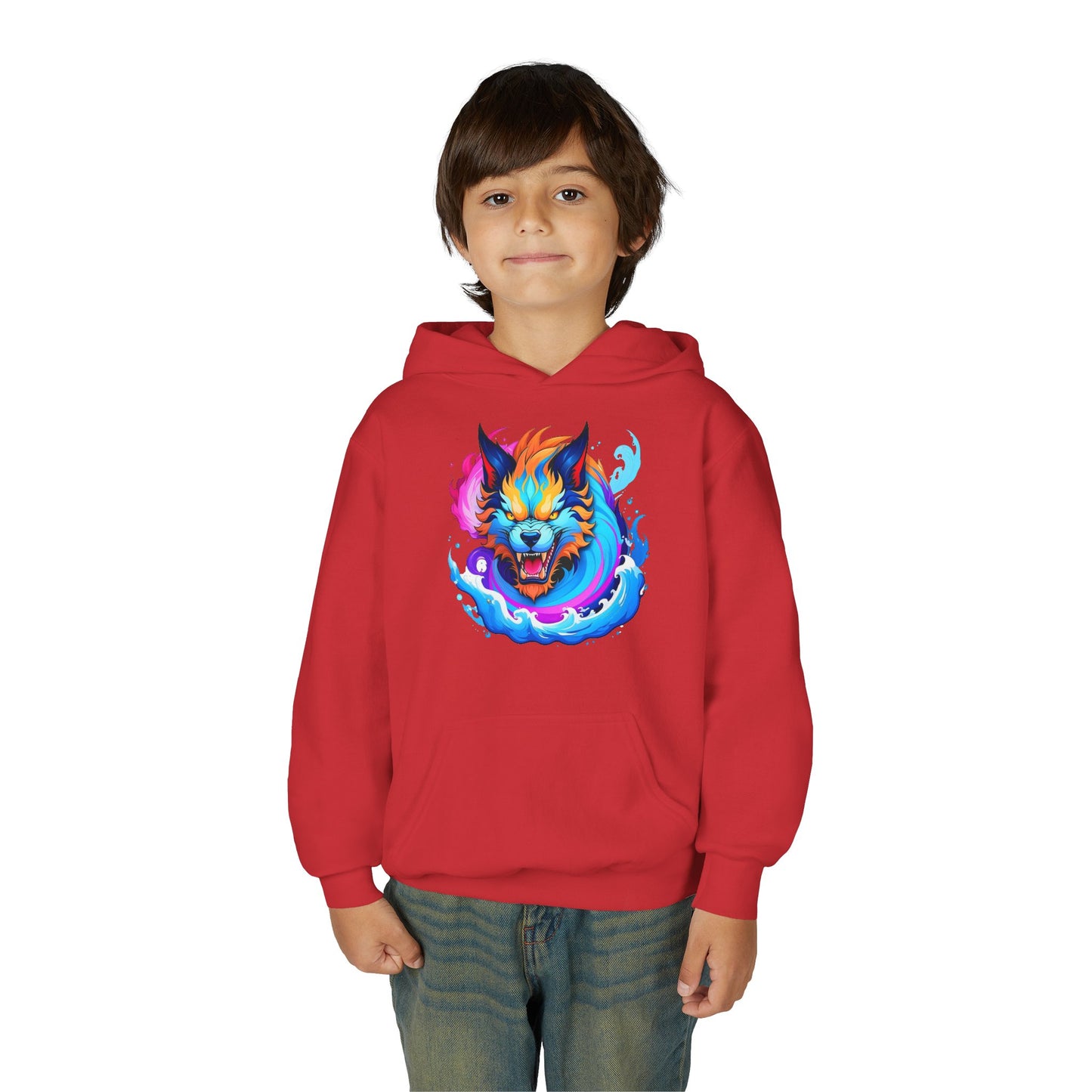 Youth Heavy Blend Hooded Sweatshirt - Vibrant Wolf Design