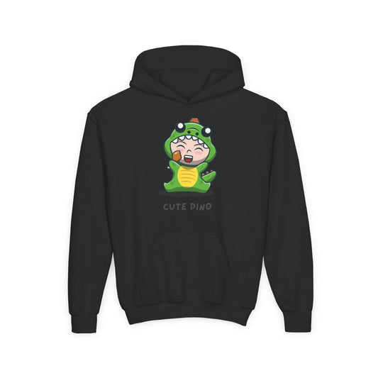 Youth Heavy Blend Hooded Sweatshirt - Green Cute Dino Printify