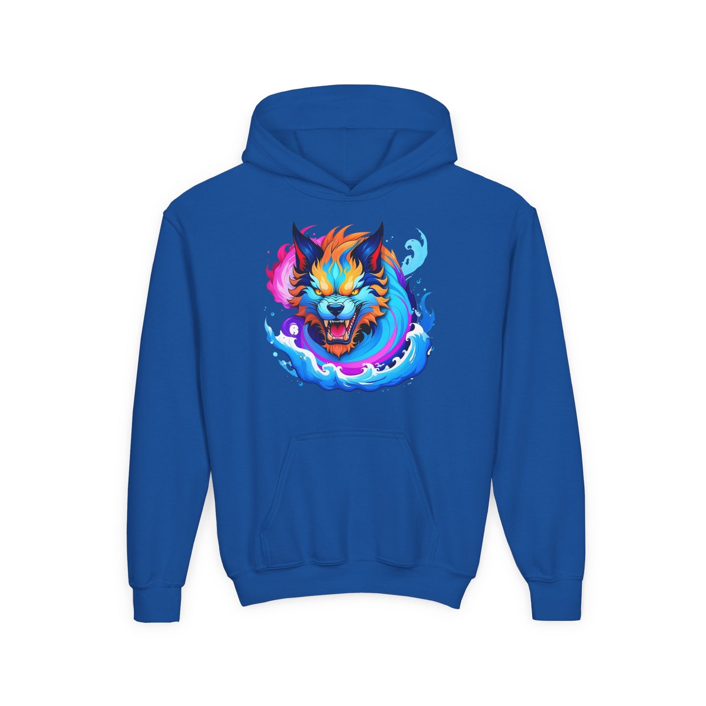Youth Heavy Blend Hooded Sweatshirt - Vibrant Wolf Design