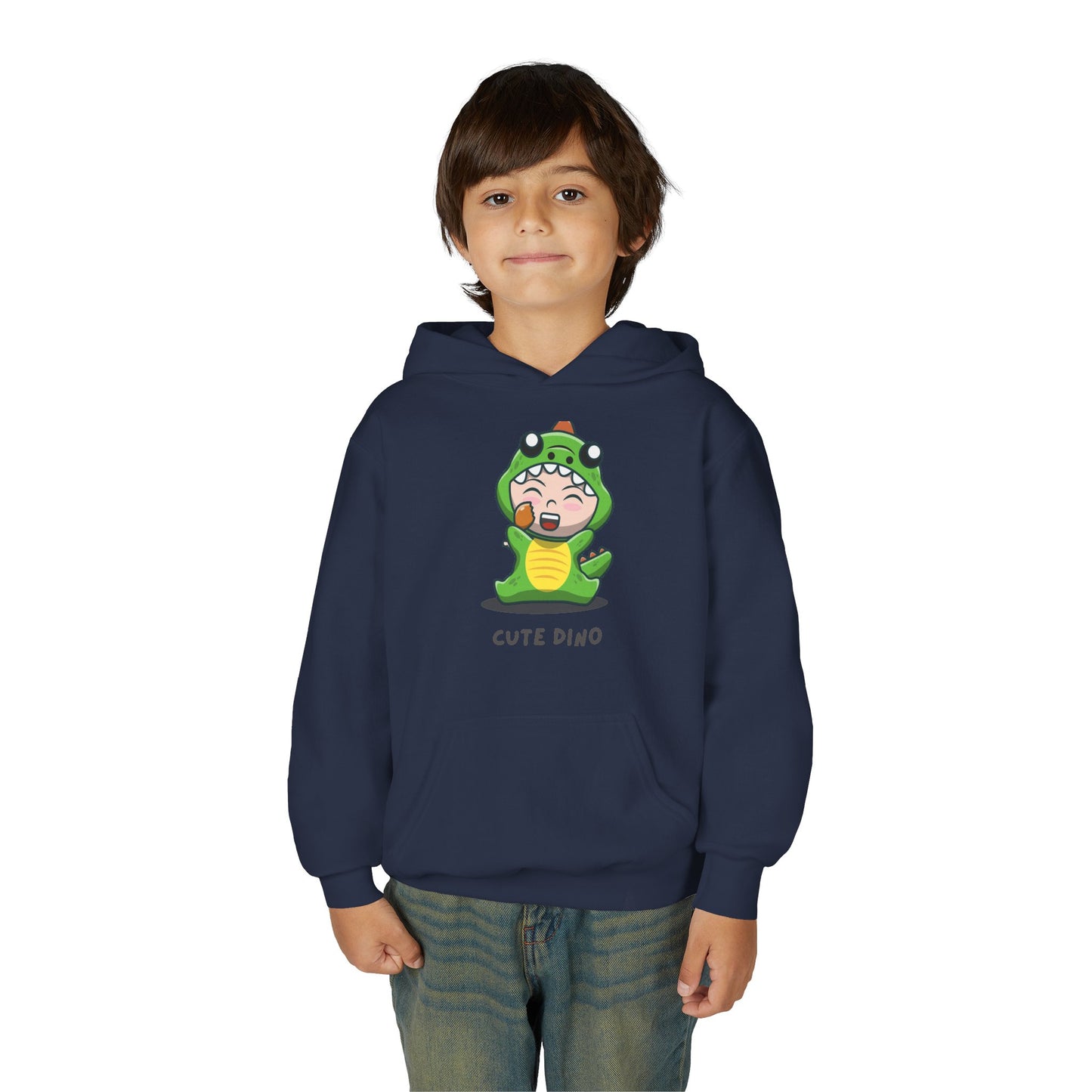 Youth Heavy Blend Hooded Sweatshirt - Green Cute Dino