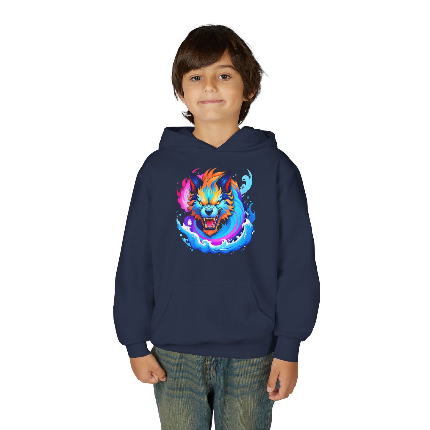 Youth Heavy Blend Hooded Sweatshirt - Vibrant Wolf Design