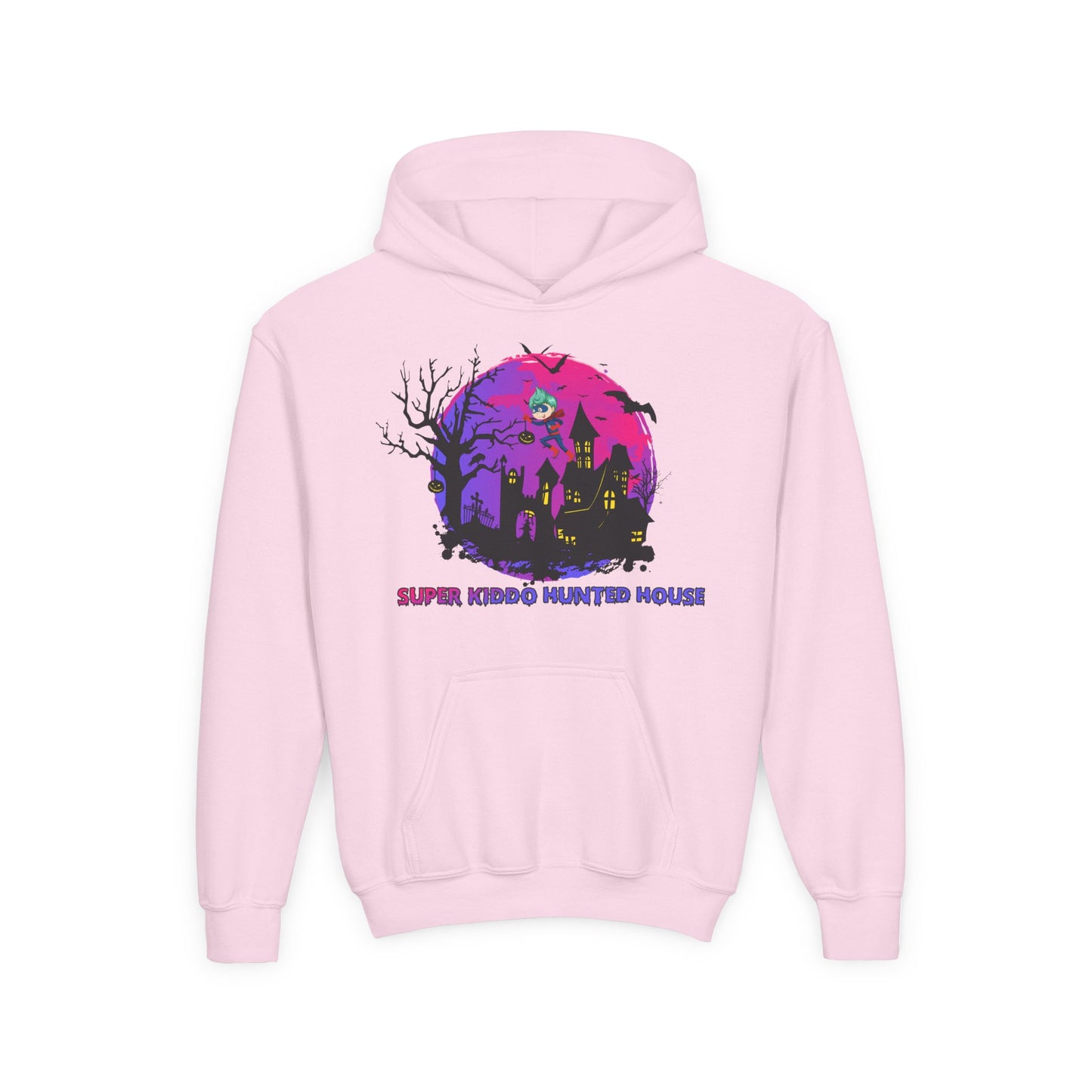 Youth Heavy Blend Hooded Sweatshirt - Super kiddo flying on hunted house