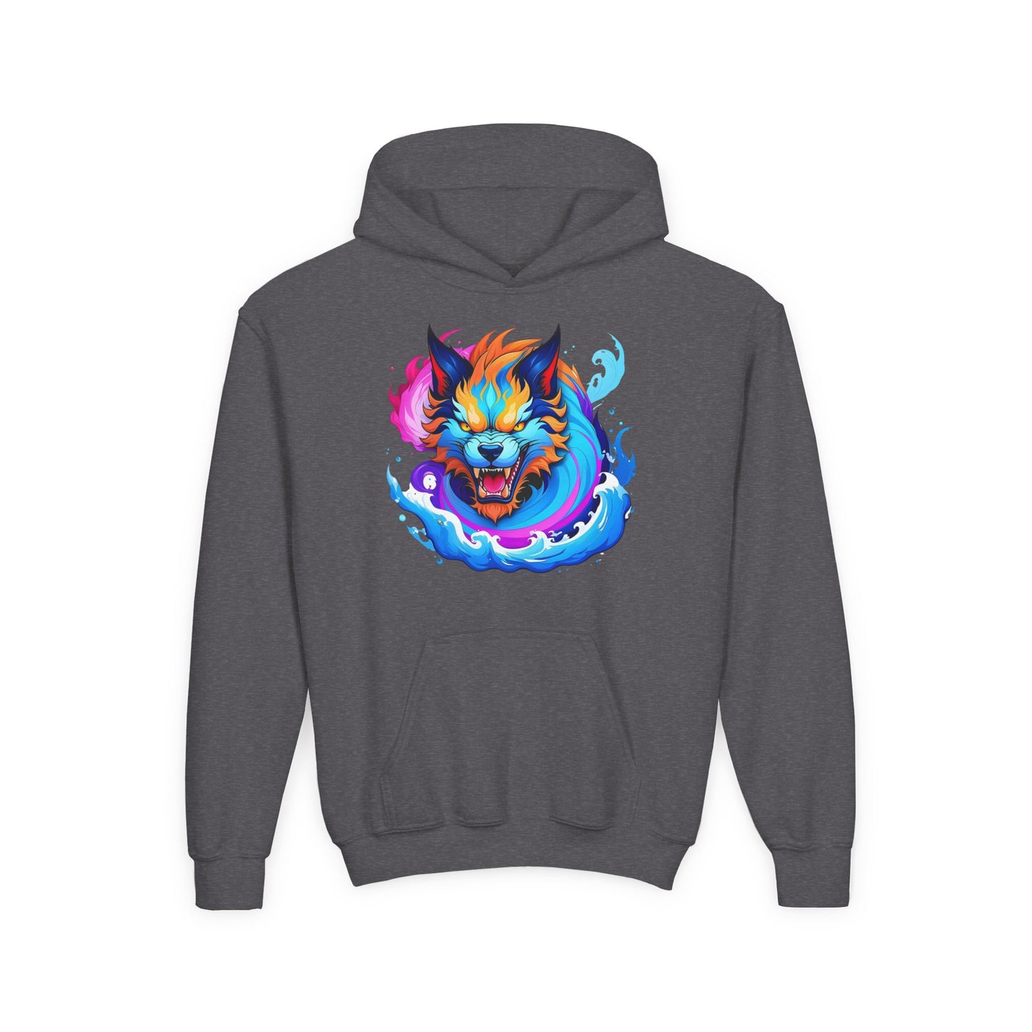 Youth Heavy Blend Hooded Sweatshirt - Vibrant Wolf Design
