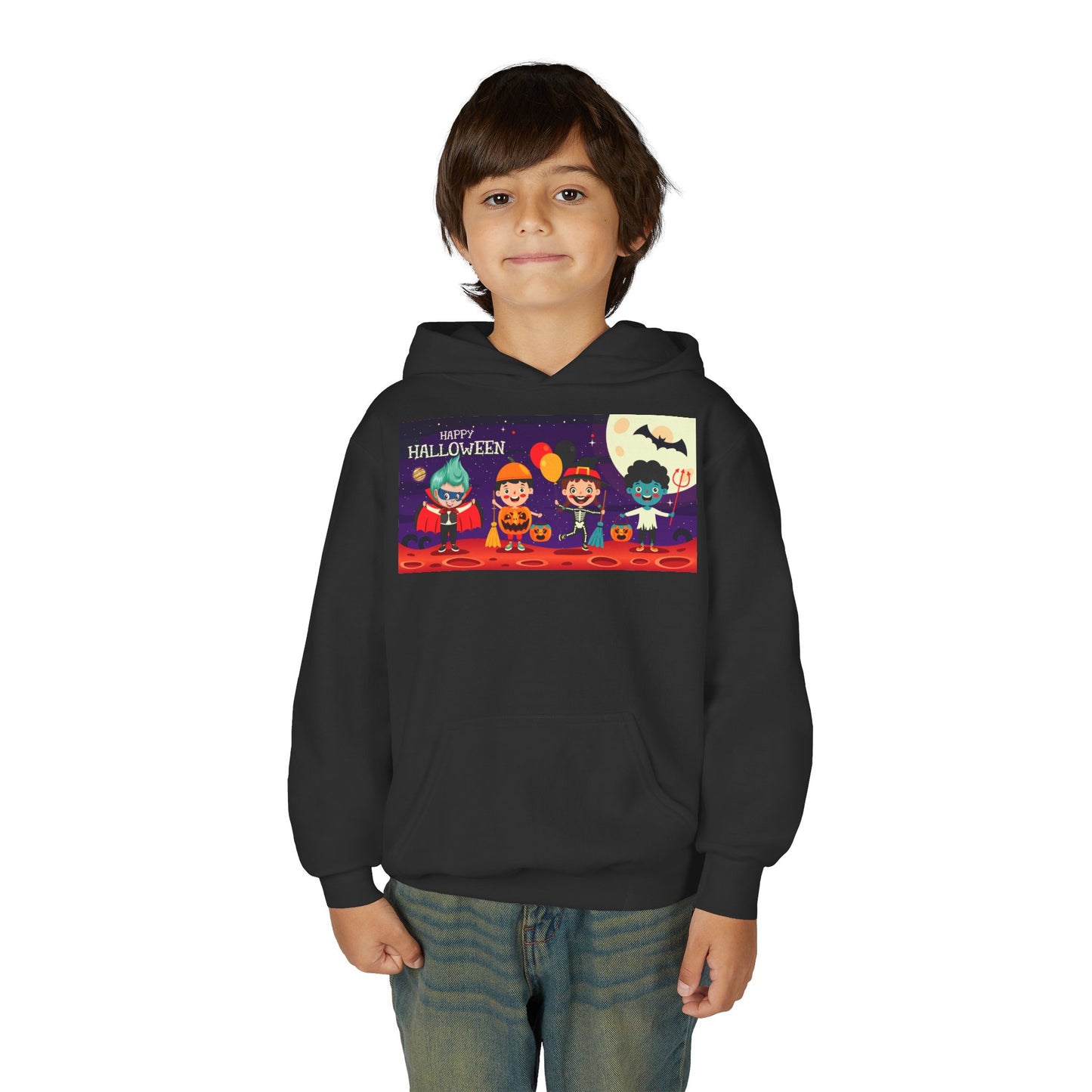 Youth Heavy Blend Hooded Sweatshirt - Super kiddo with friends on holloween