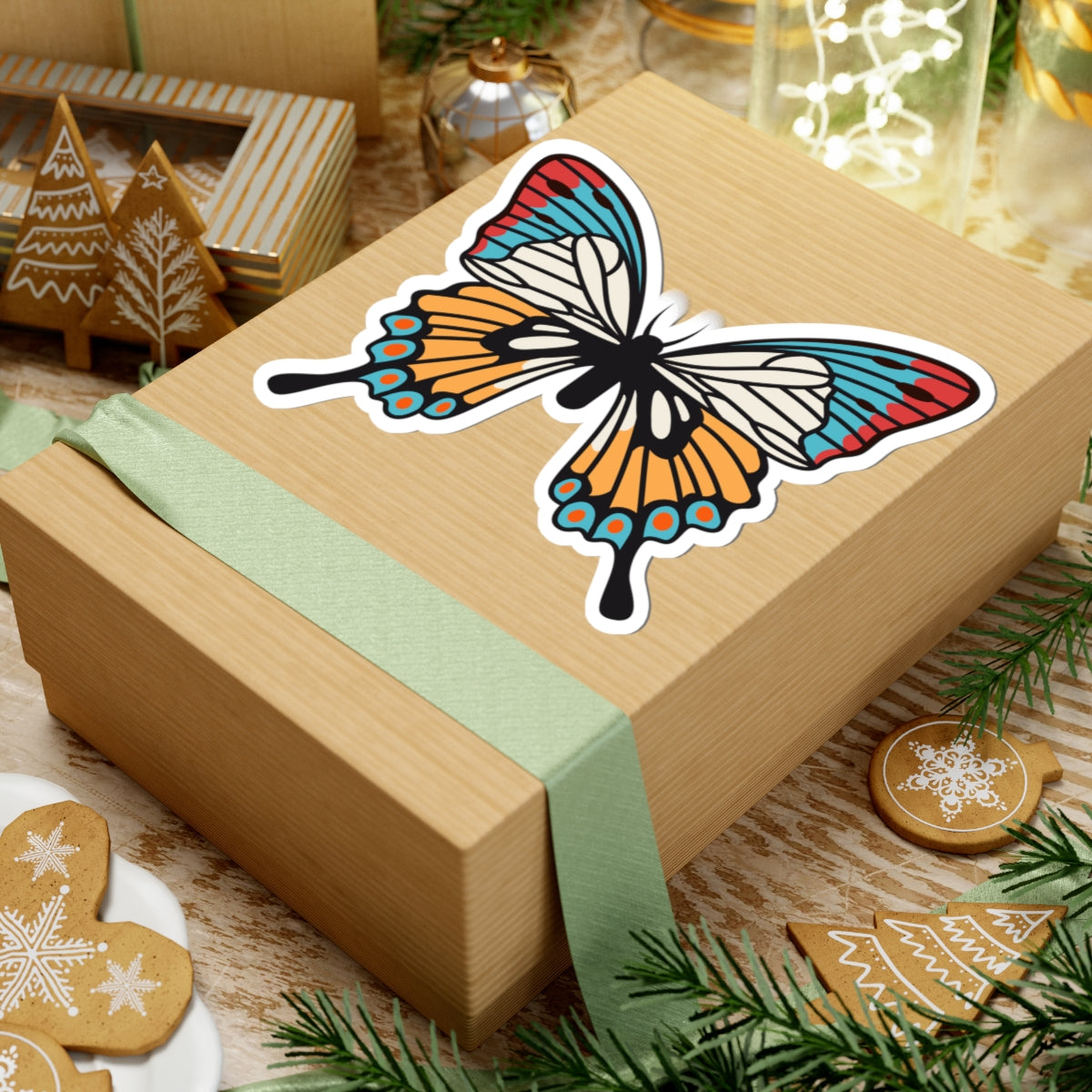 Kiss-Cut Stickers -Green - orange butterfly