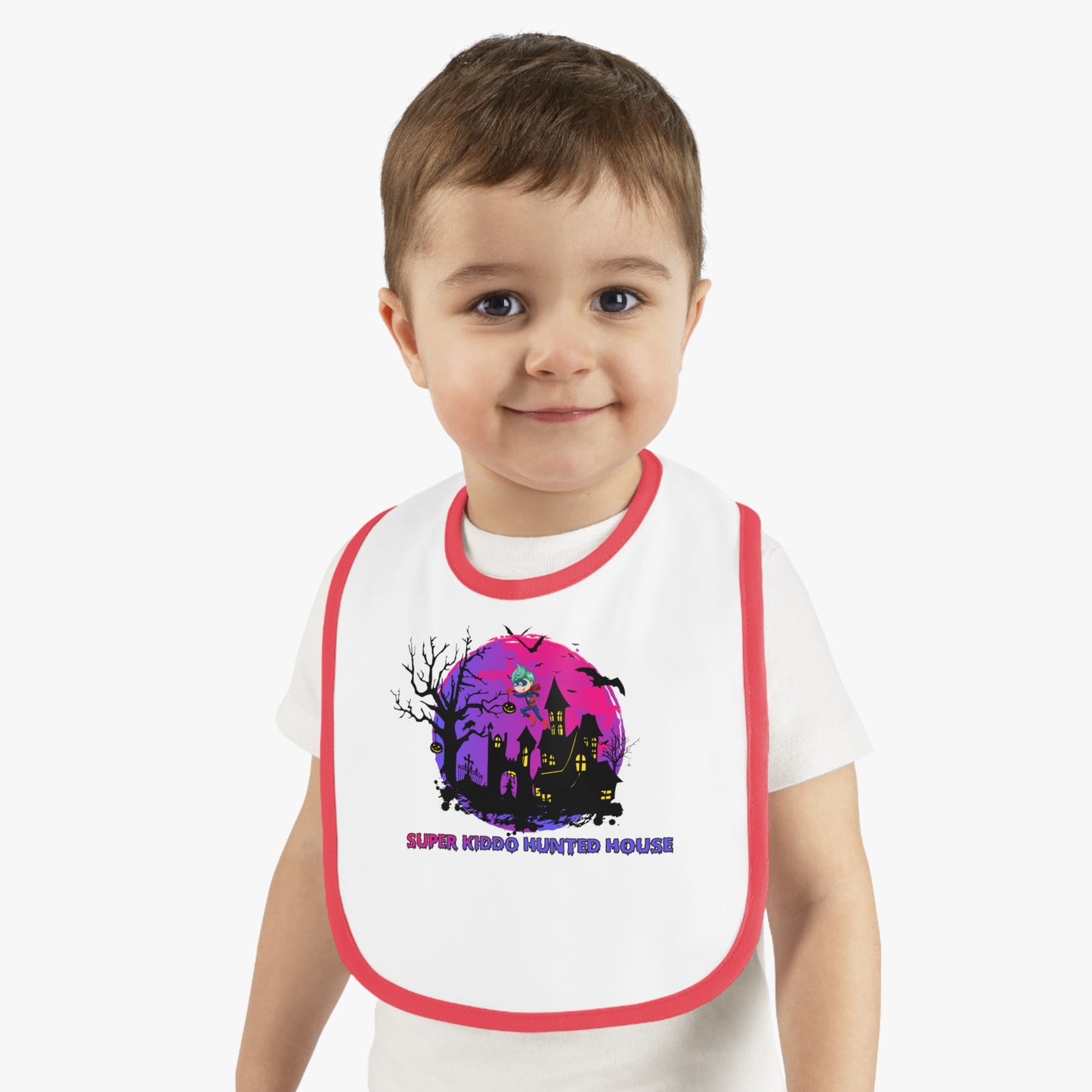 Baby Bib - Super kiddo flying on hunted house