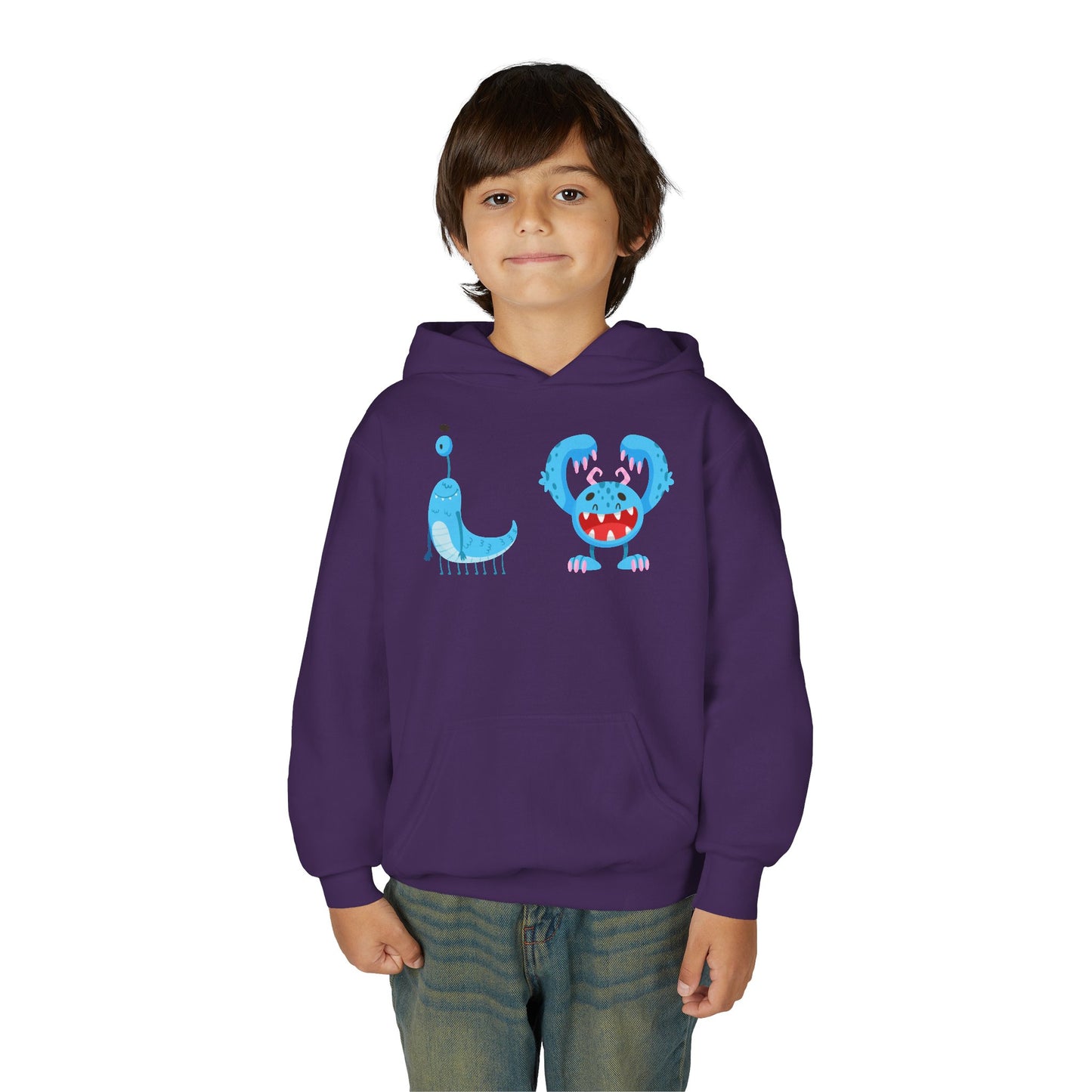 Youth Heavy Blend Hooded Sweatshirt - Happy toothy blue monsters
