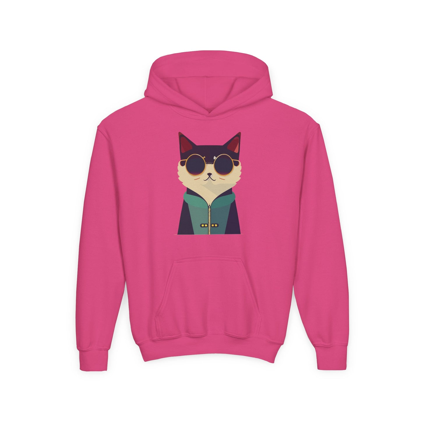 Youth Heavy Blend Hooded Sweatshirt - Cool Cat with Sunglasses