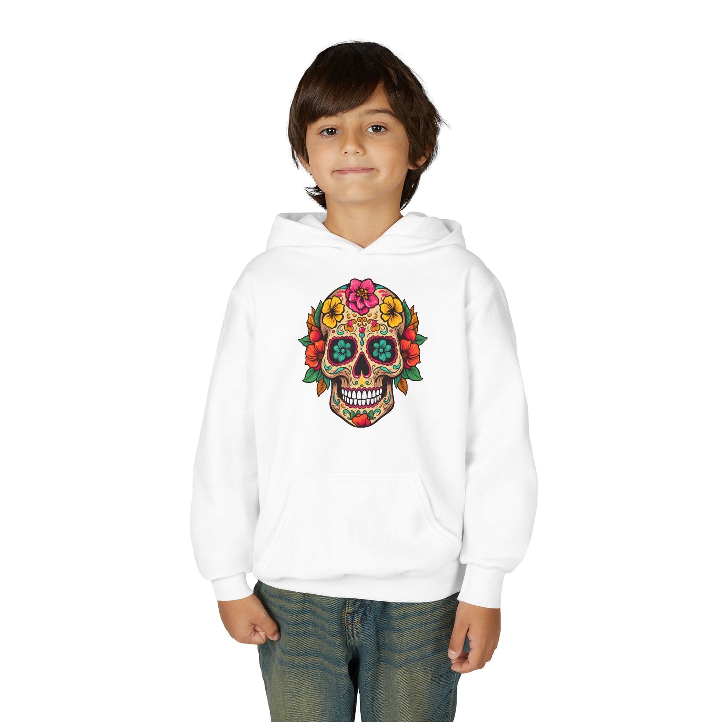 Youth Heavy Blend Hooded Sweatshirt - Colorful Skull Floral