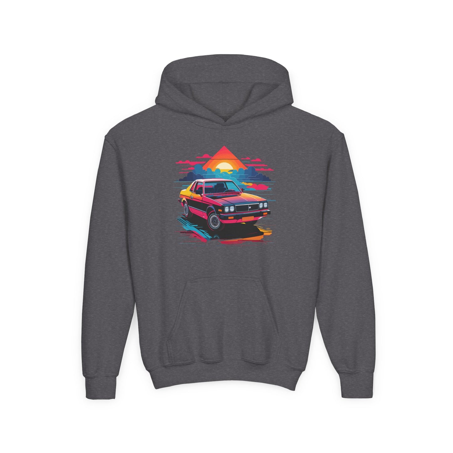 Youth Heavy Blend Hooded Sweatshirt - Retro Car and Sunset