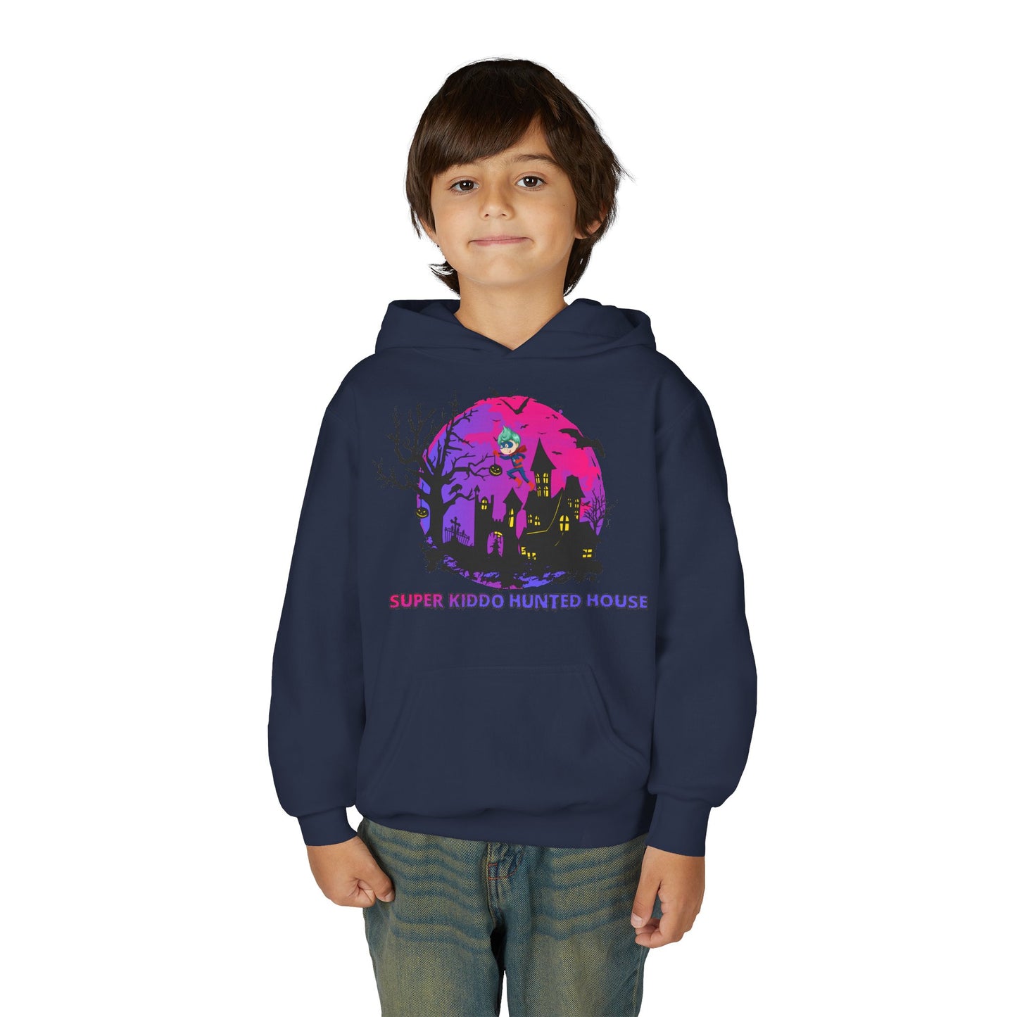 Youth Heavy Blend Hooded Sweatshirt - Super kiddo flying on hunted house