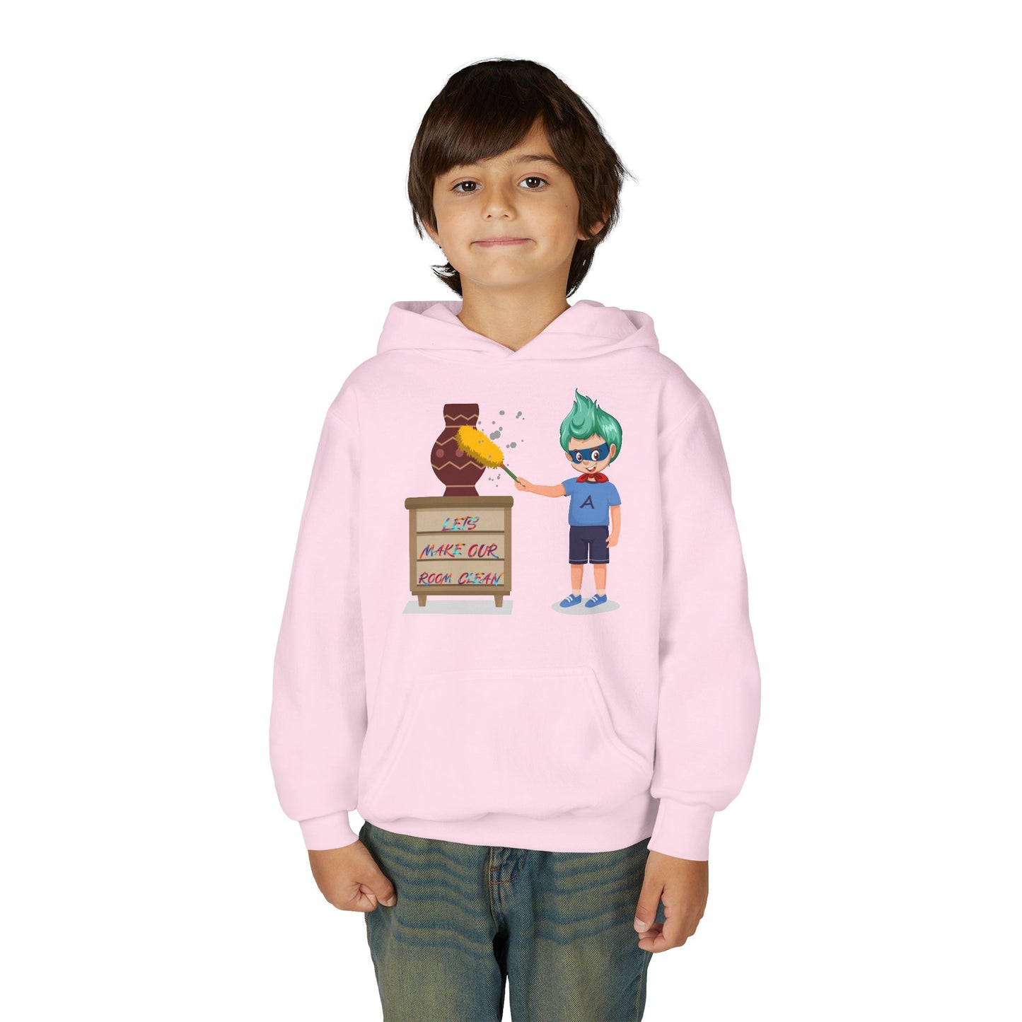Youth Heavy Blend Hooded Sweatshirt - Super kiddo cleaning a vase