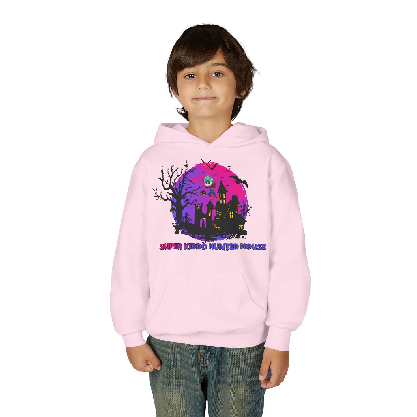 Youth Heavy Blend Hooded Sweatshirt - Super kiddo flying on hunted house