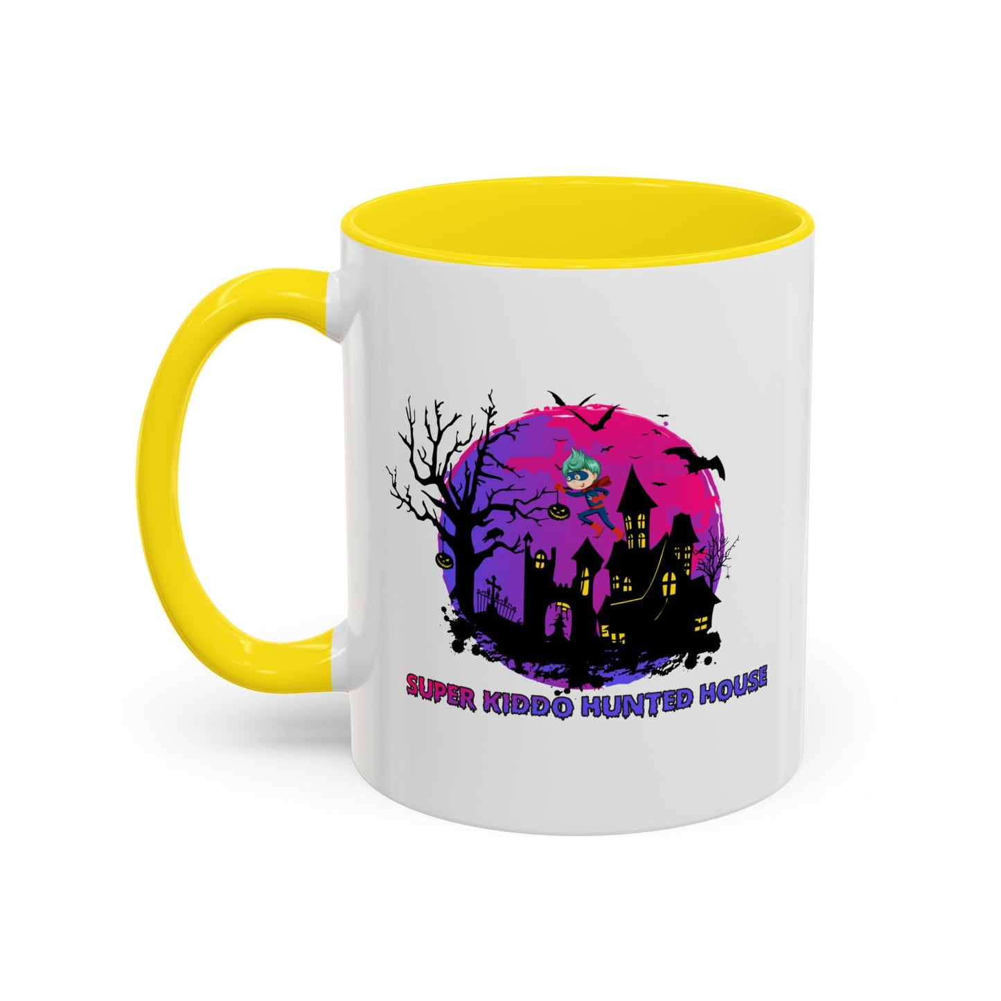 Accent Coffee Mug - Super kiddo flying on hunted house