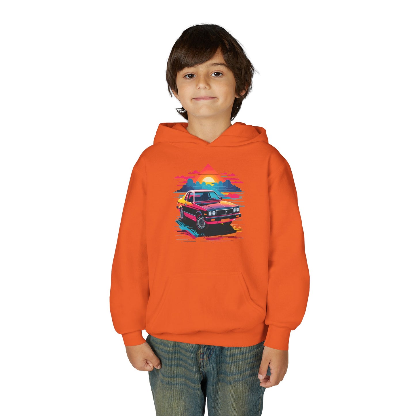 Youth Heavy Blend Hooded Sweatshirt - Retro Car and Sunset