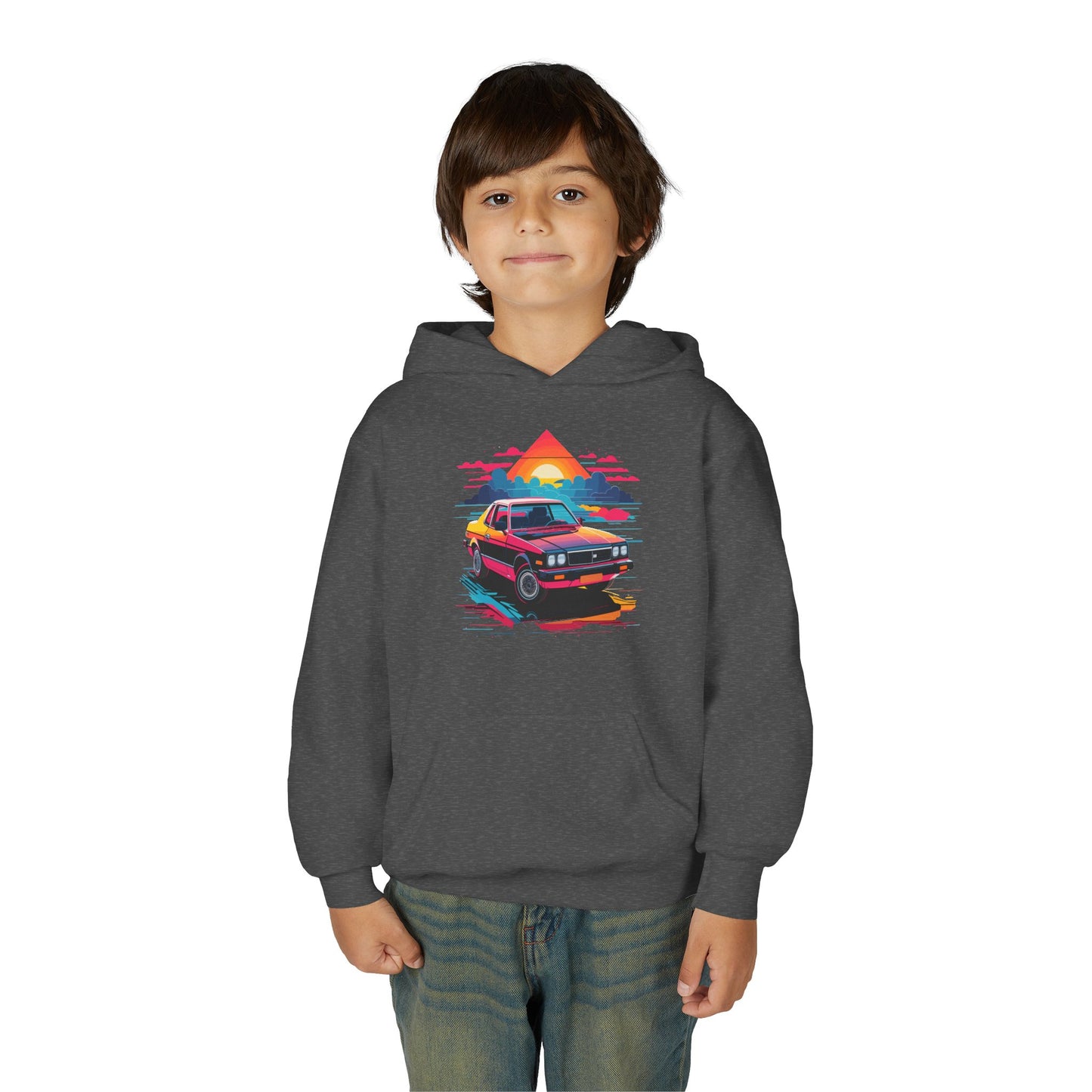 Youth Heavy Blend Hooded Sweatshirt - Retro Car and Sunset