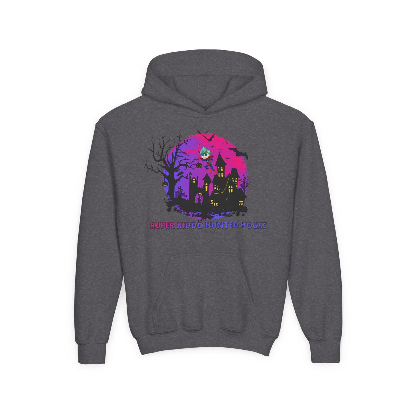 Youth Heavy Blend Hooded Sweatshirt - Super kiddo flying on hunted house