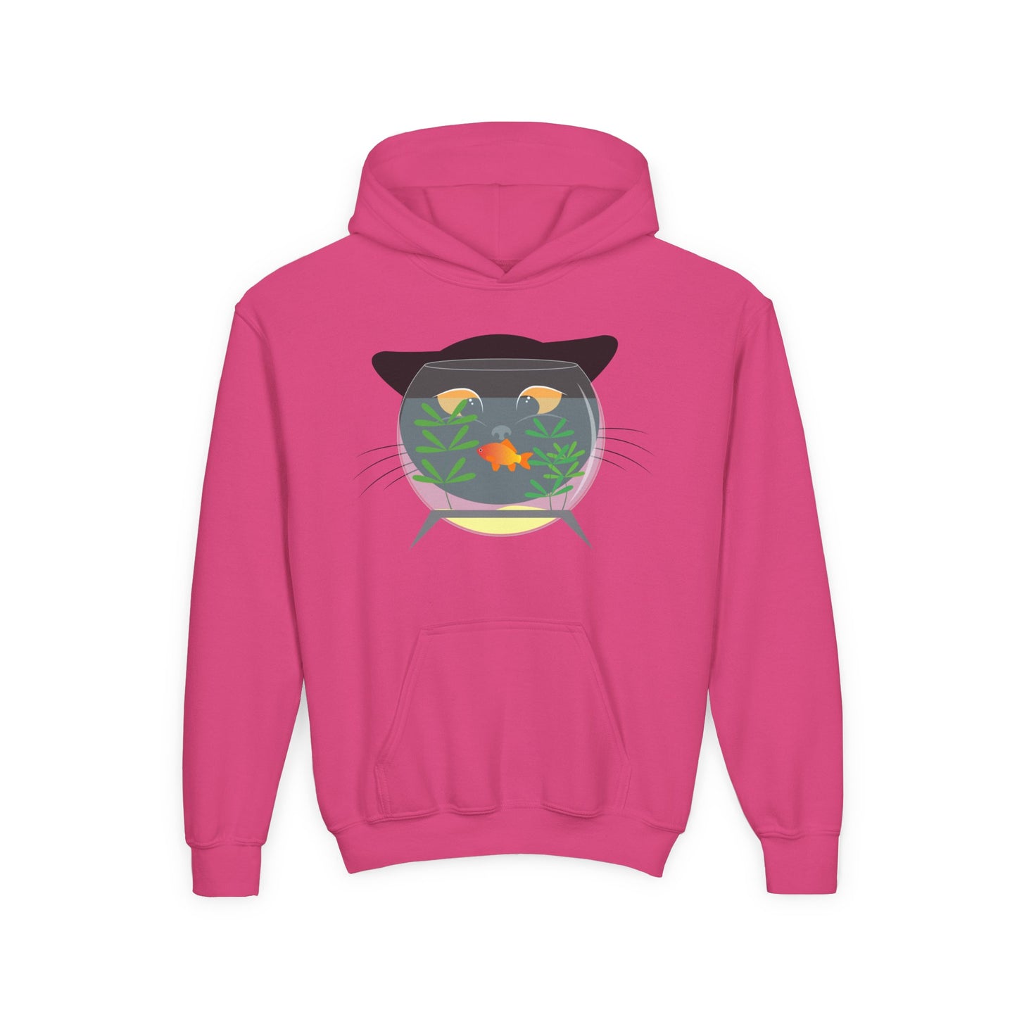 Youth Heavy Blend Hooded Sweatshirt -  Black cat and gold fish