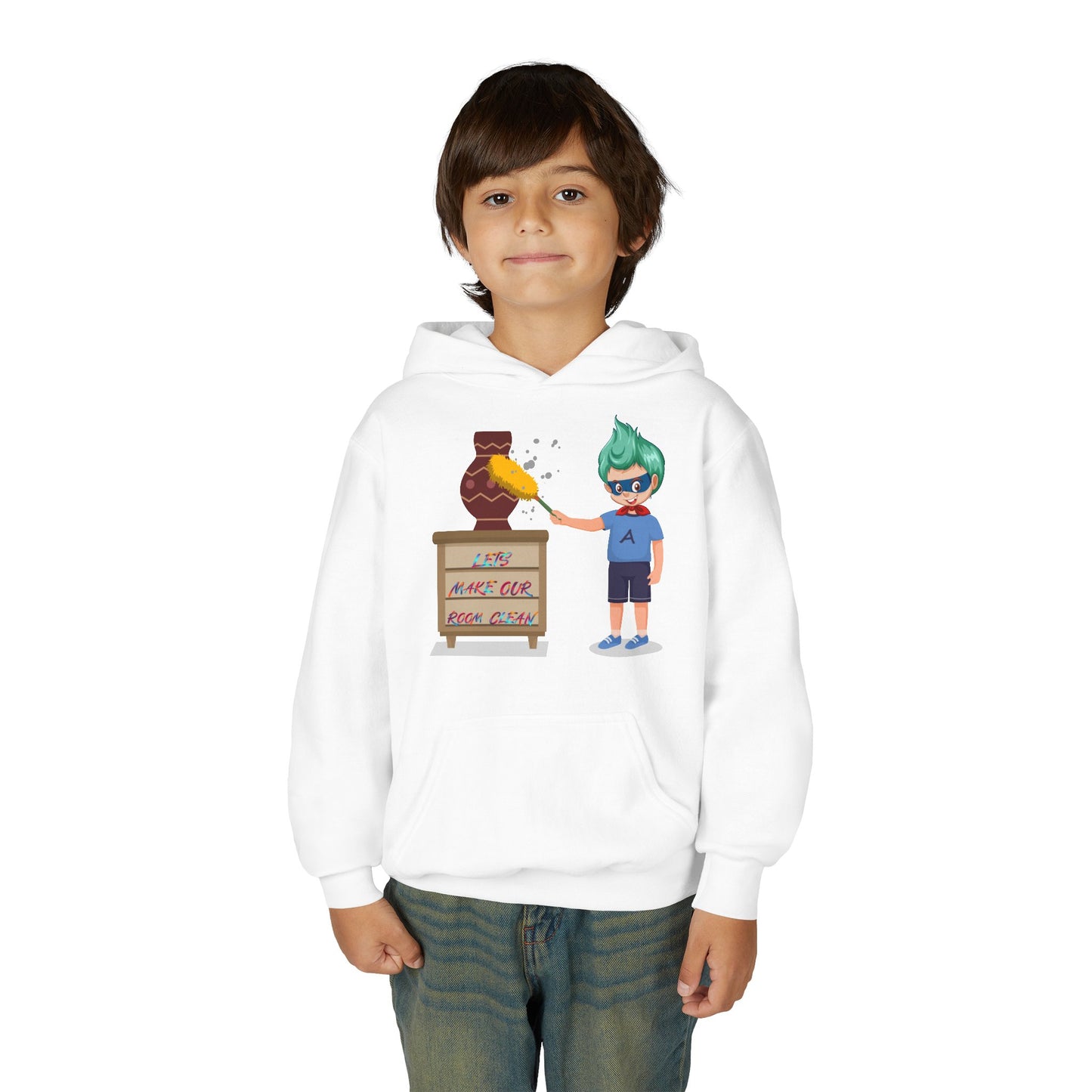 Youth Heavy Blend Hooded Sweatshirt - Super kiddo cleaning a vase