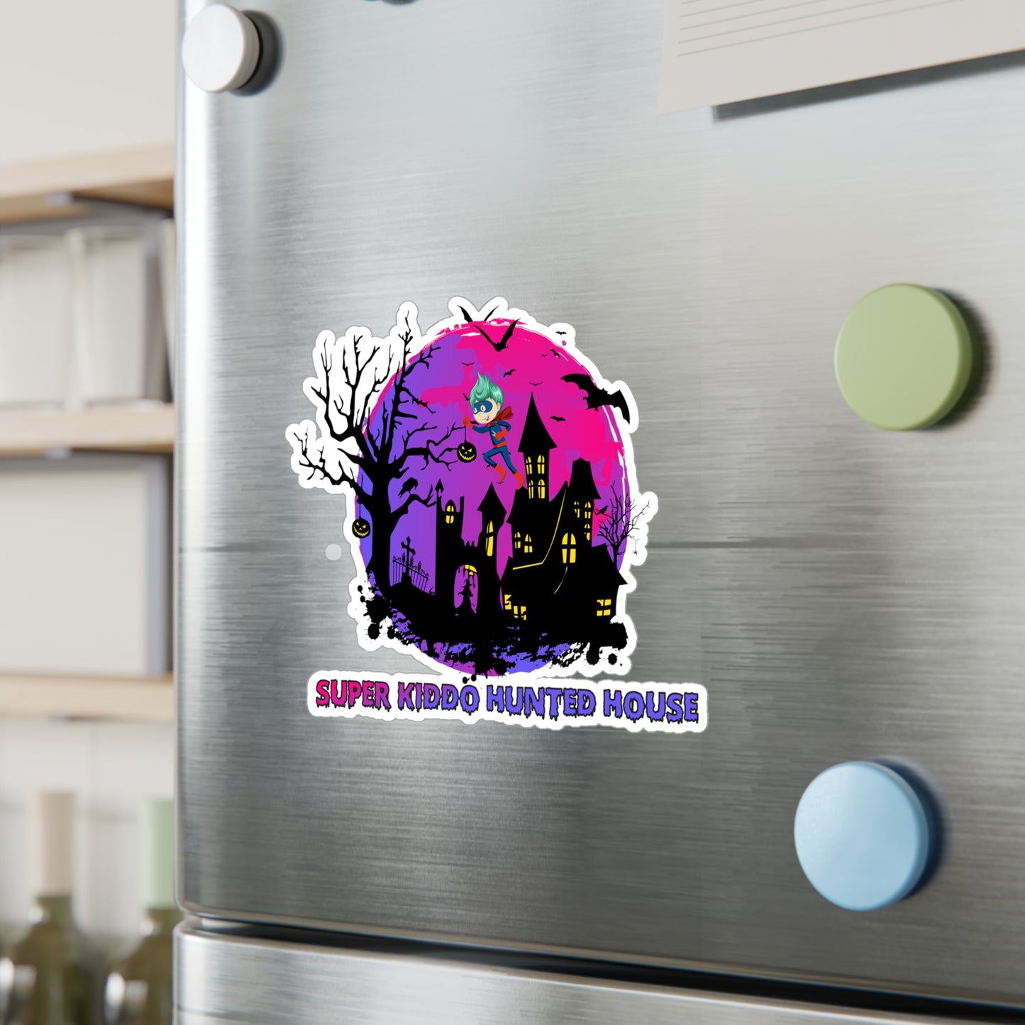 Halloween Kiss-Cut Vinyl Decals – Super kiddo flying on hunted house