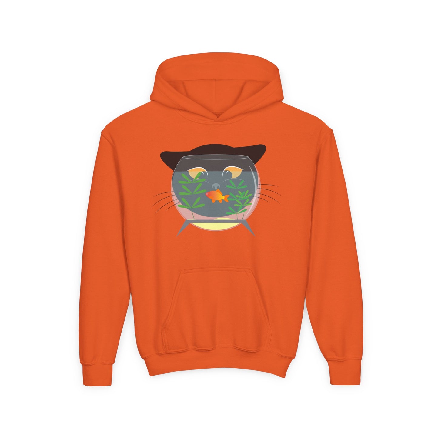 Youth Heavy Blend Hooded Sweatshirt -  Black cat and gold fish