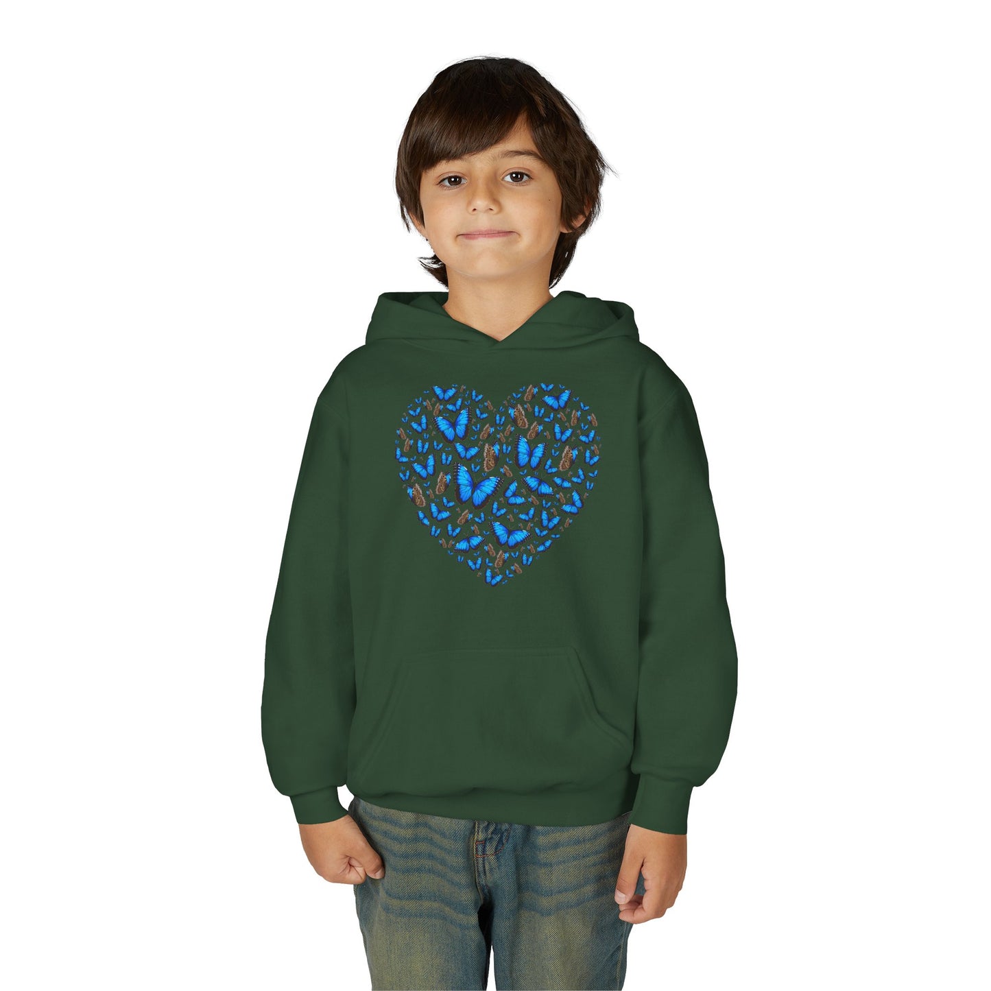 Youth Heavy Blend Hooded Sweatshirt -  Heart shape blue morpho butterfly