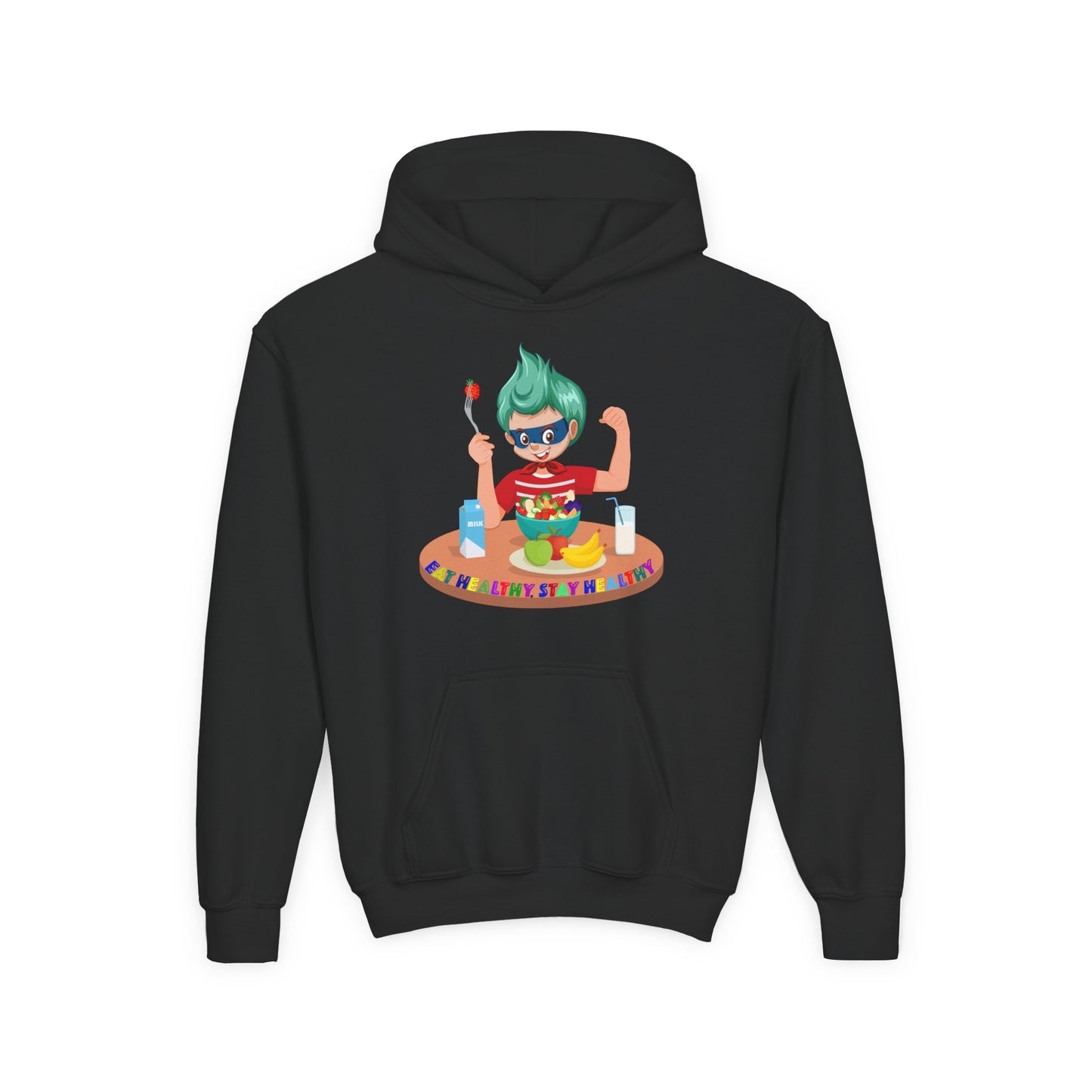 Youth Heavy Blend Hooded Sweatshirt - super kiddo eating healthy food