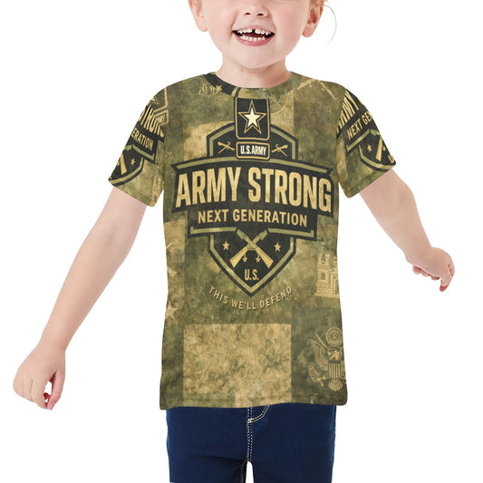 Little Kids' All Over Print Crew Neck T-Shirt - Proud to Serve - Young Patriot - Army Strong - Next Generation