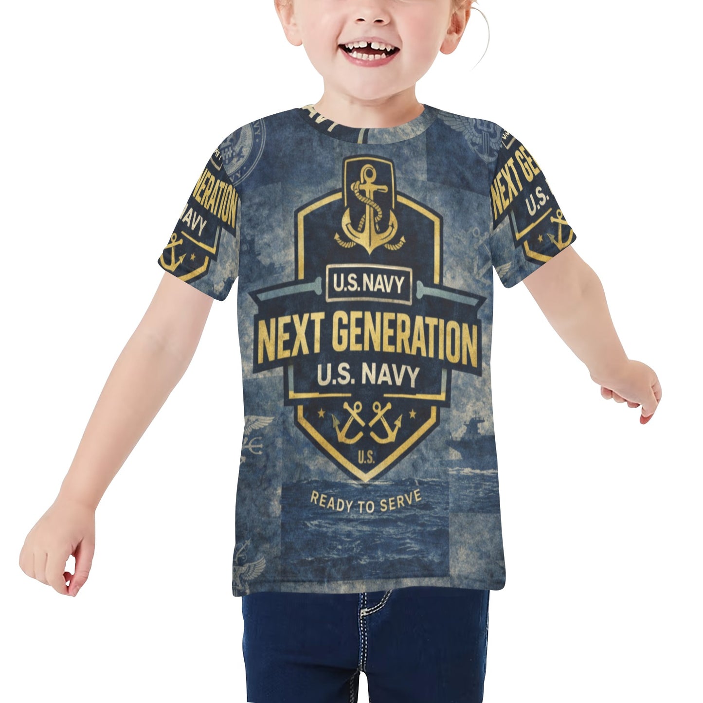 Little Kids' All Over Print Crew Neck T-Shirt - Proud to Serve - Young Patriot - Navy