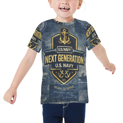 Little Kids' All Over Print Crew Neck T-Shirt - Proud to Serve - Young Patriot - Navy