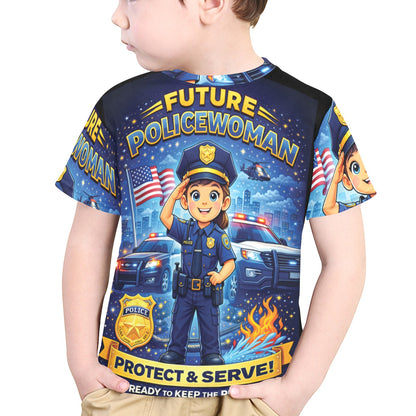 Little Kids' All Over Print Crew Neck T-Shirt - Proud to Serve - Young Patriot - Future Policewoman