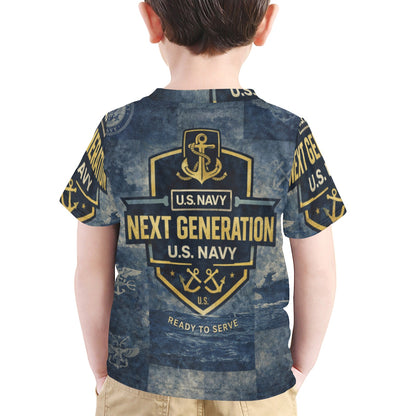 Little Kids' All Over Print Crew Neck T-Shirt - Proud to Serve - Young Patriot - Navy