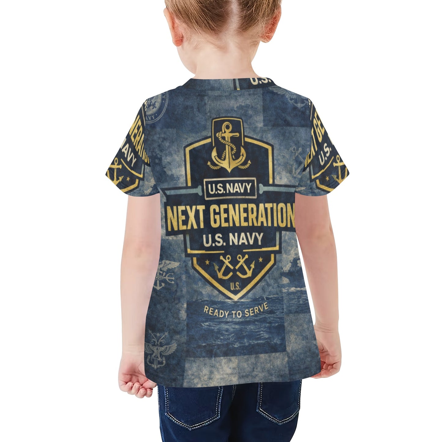 Little Kids' All Over Print Crew Neck T-Shirt - Proud to Serve - Young Patriot - Navy