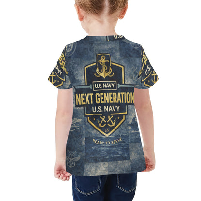 Little Kids' All Over Print Crew Neck T-Shirt - Proud to Serve - Young Patriot - Navy