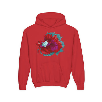 Youth Heavy Blend Hooded Sweatshirt - Red Siamese fighting fish Printify