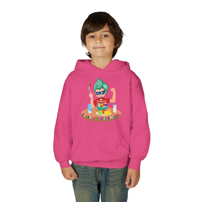 Youth Heavy Blend Hooded Sweatshirt - super kiddo eating healthy food - [[{"value":"Wonderwear Kid"}]]
