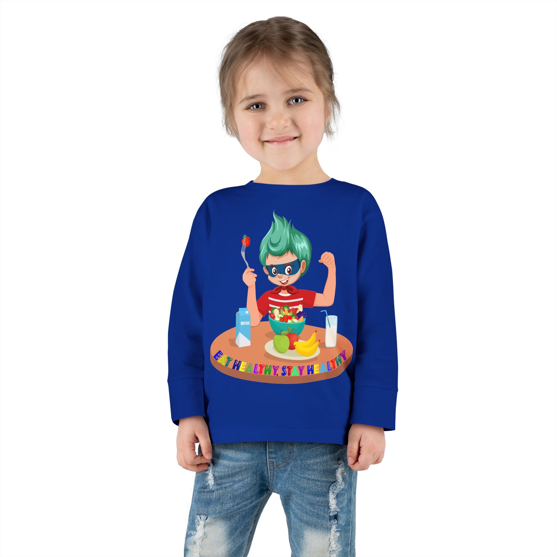 Toddler Long Sleeve Tee - super kiddo eating healthy food - [[{"value":"Wonderwear Kid"}]]