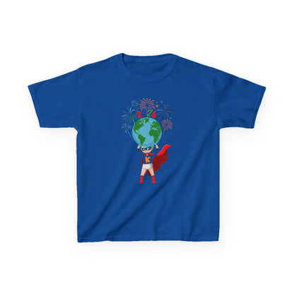 Kids Heavy Cotton™ Tee - Super kiddo holding globe - [[{"value":"Wonderwear Kid"}]]