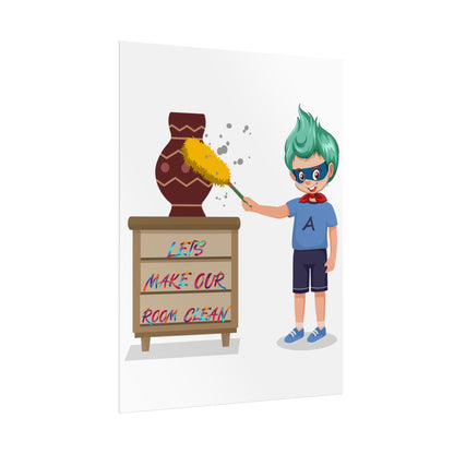 Rolled Posters - Super kiddo cleaning a vase - [[{"value":"Wonderwear Kid"}]]
