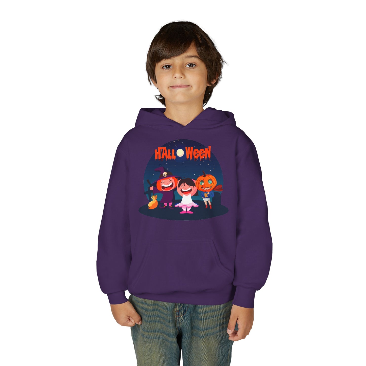 Youth Heavy Blend Hooded Sweatshirt - Super kiddo wearing pumpkin
