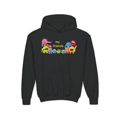 Youth Heavy Blend Hooded Sweatshirt - Colorful Monster Friends Printify