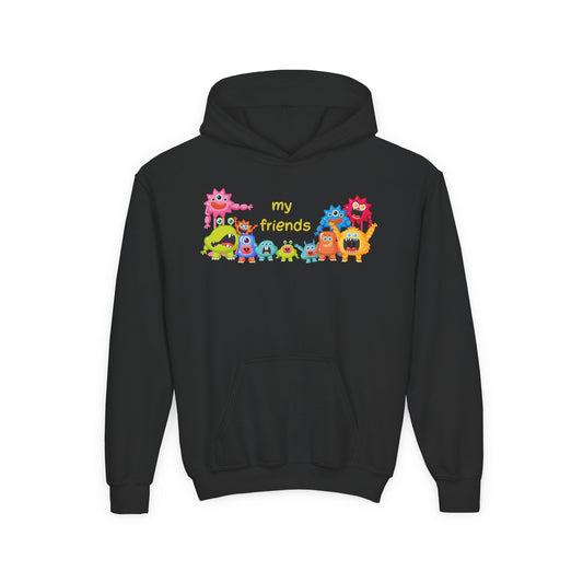 Youth Heavy Blend Hooded Sweatshirt - Colorful Monster Friends Printify
