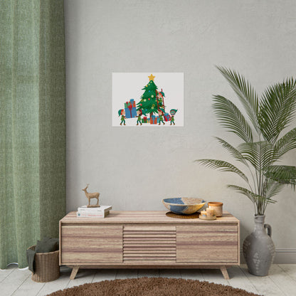 Rolled Posters - Super kiddo putting gifts on christmas tree - [[{"value":"Wonderwear Kid"}]]